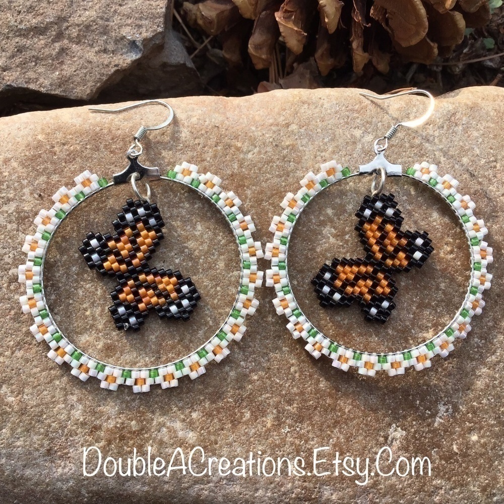 Summer Flowers Beaded Hoops with Beaded Butterfly Charm, New, Handmade b…